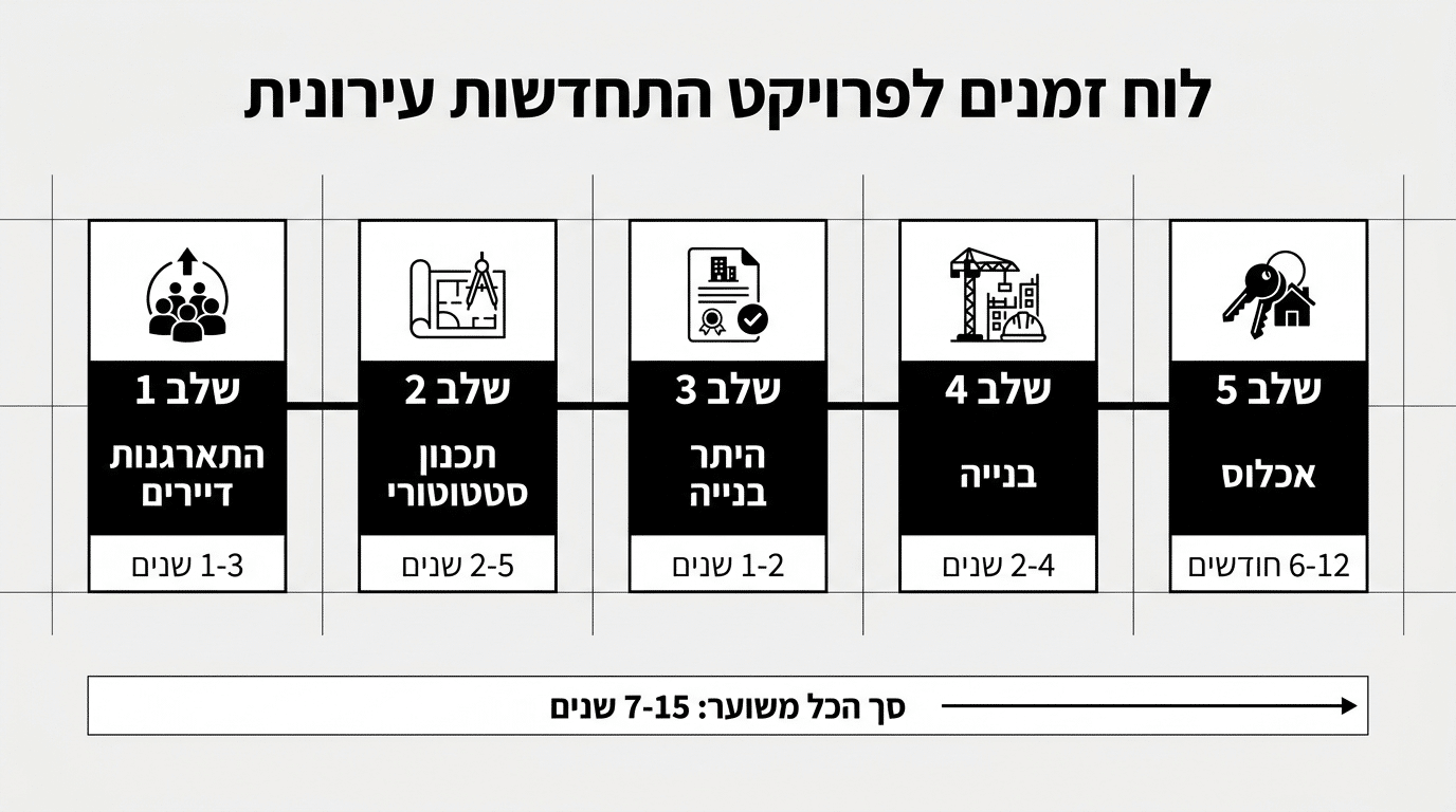 תרשים השלבים העיקריים בפרויקט פינוי בינוי ומשך הזמן של כל שלב